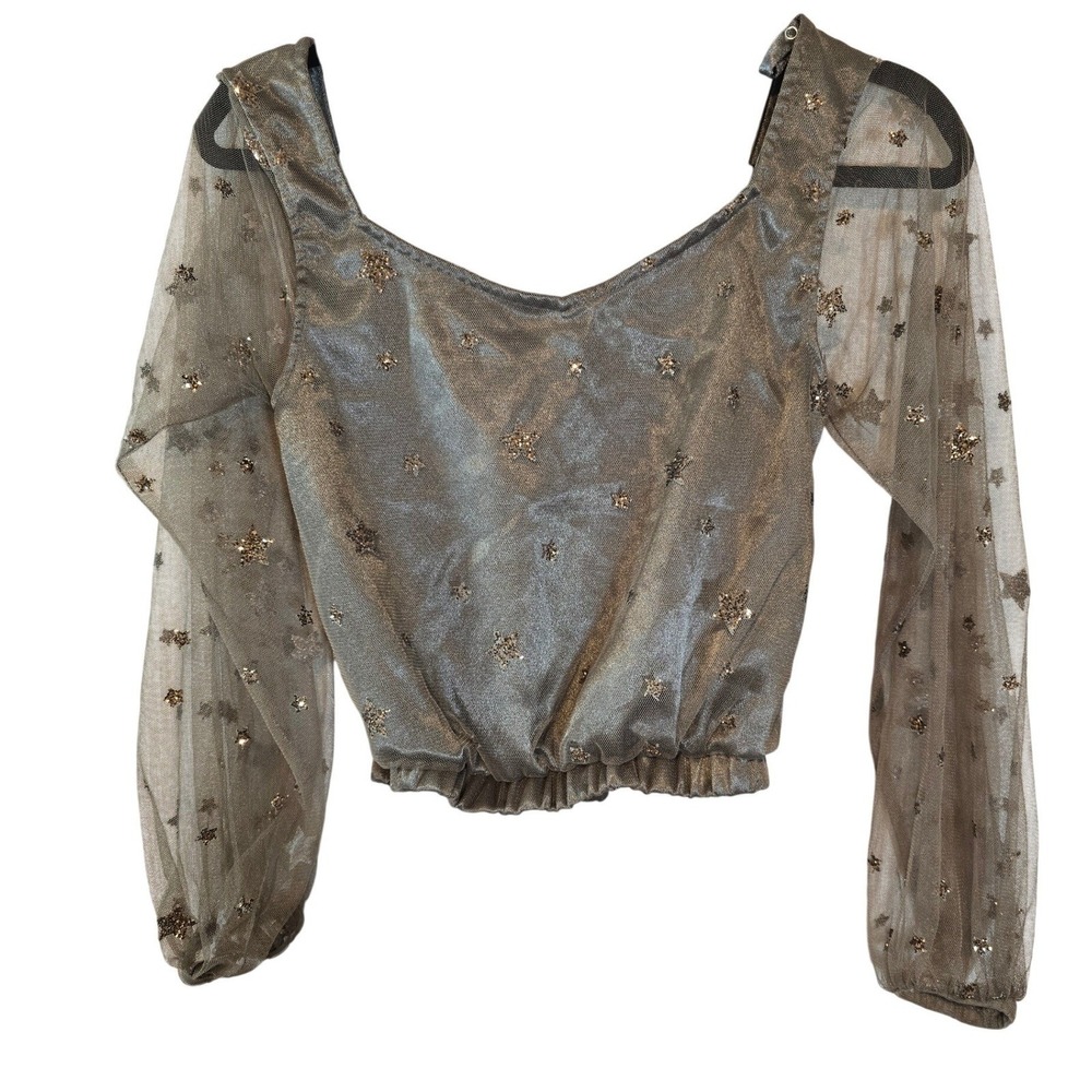 Mia Joy Joyfolie Womens XS Star‎ Glitter Mesh Balloon Sleeve Crop Top Grey Gold